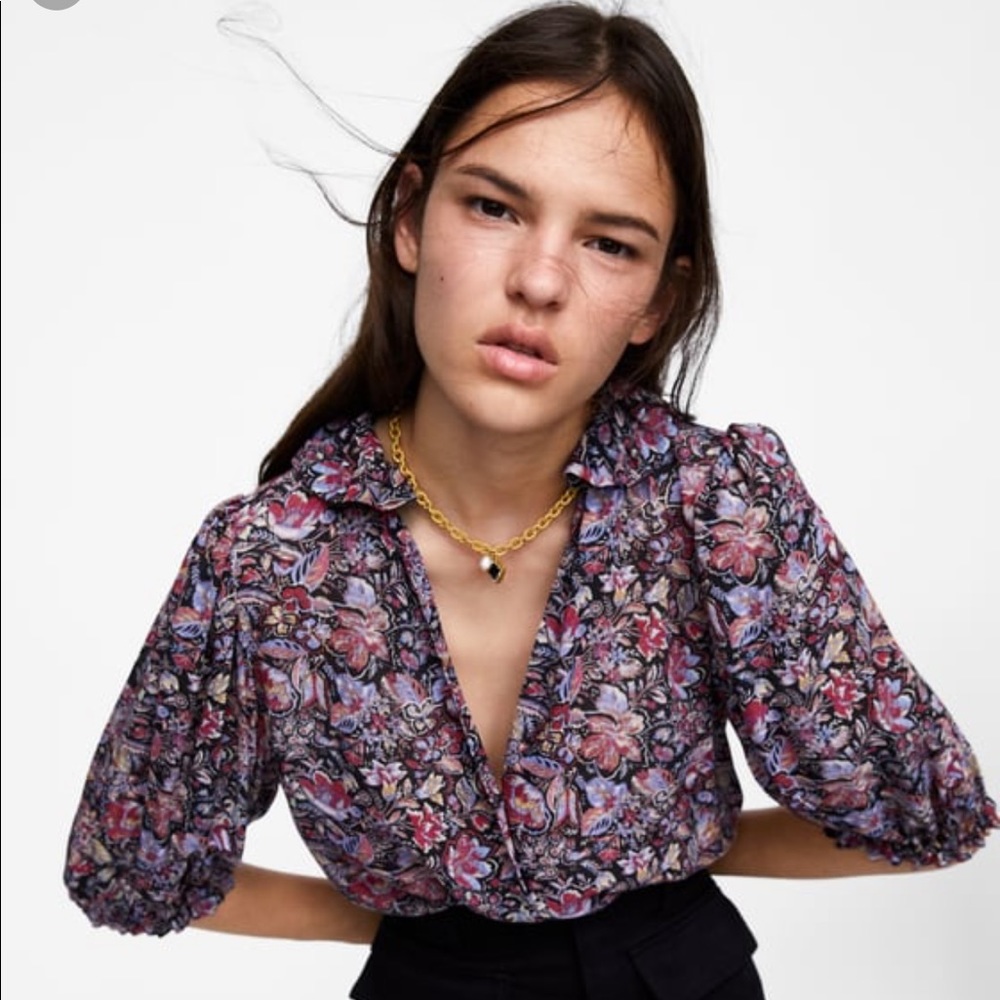 Zara floral 3/4 sleeve button down top